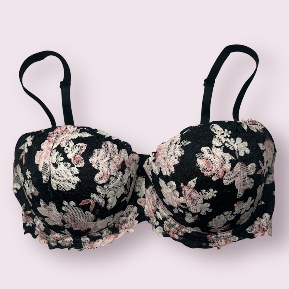 Victoria’s Secret PINK Date Push Up Black Floral Lace Bra 32DD